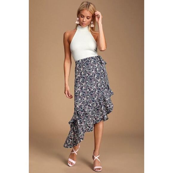 Lulus Dresses & Skirts - Lulus Cararra Navy Blue Floral Print Ruffled Asymmetrical Midi Skirt - Size XS
